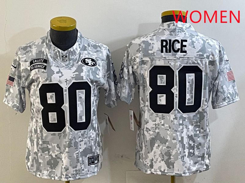 Women San Francisco 49ers #80 Rice Nike Arctic Camo 2025 Salute to Service Limited NFL Jersey style 1->youth nfl jersey->Youth Jersey